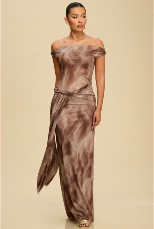 Brown Mesh Drape Asymmetrical Off-the-Shoulder Maxi