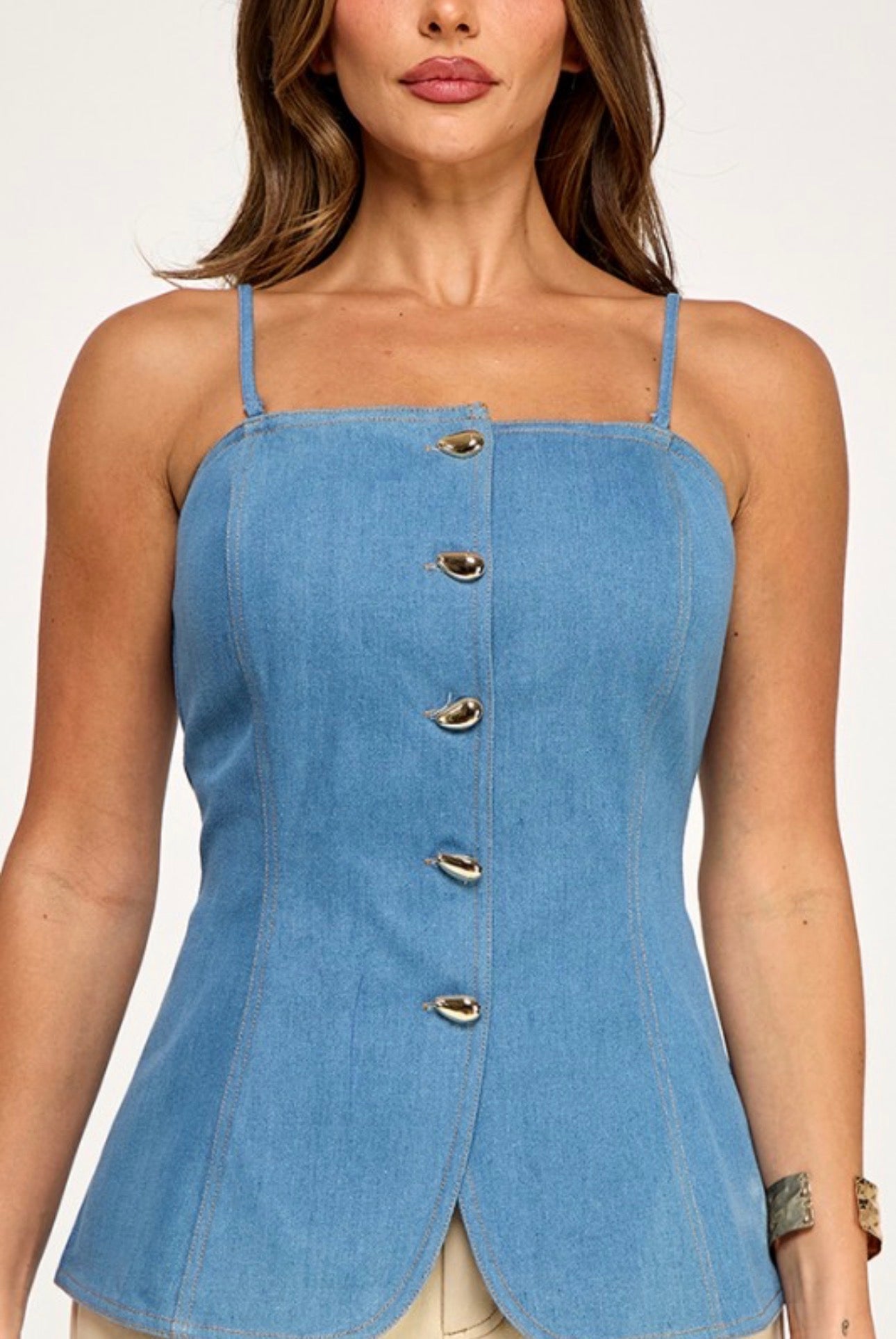 Button Front Denim Strapless Top with Gold Accent