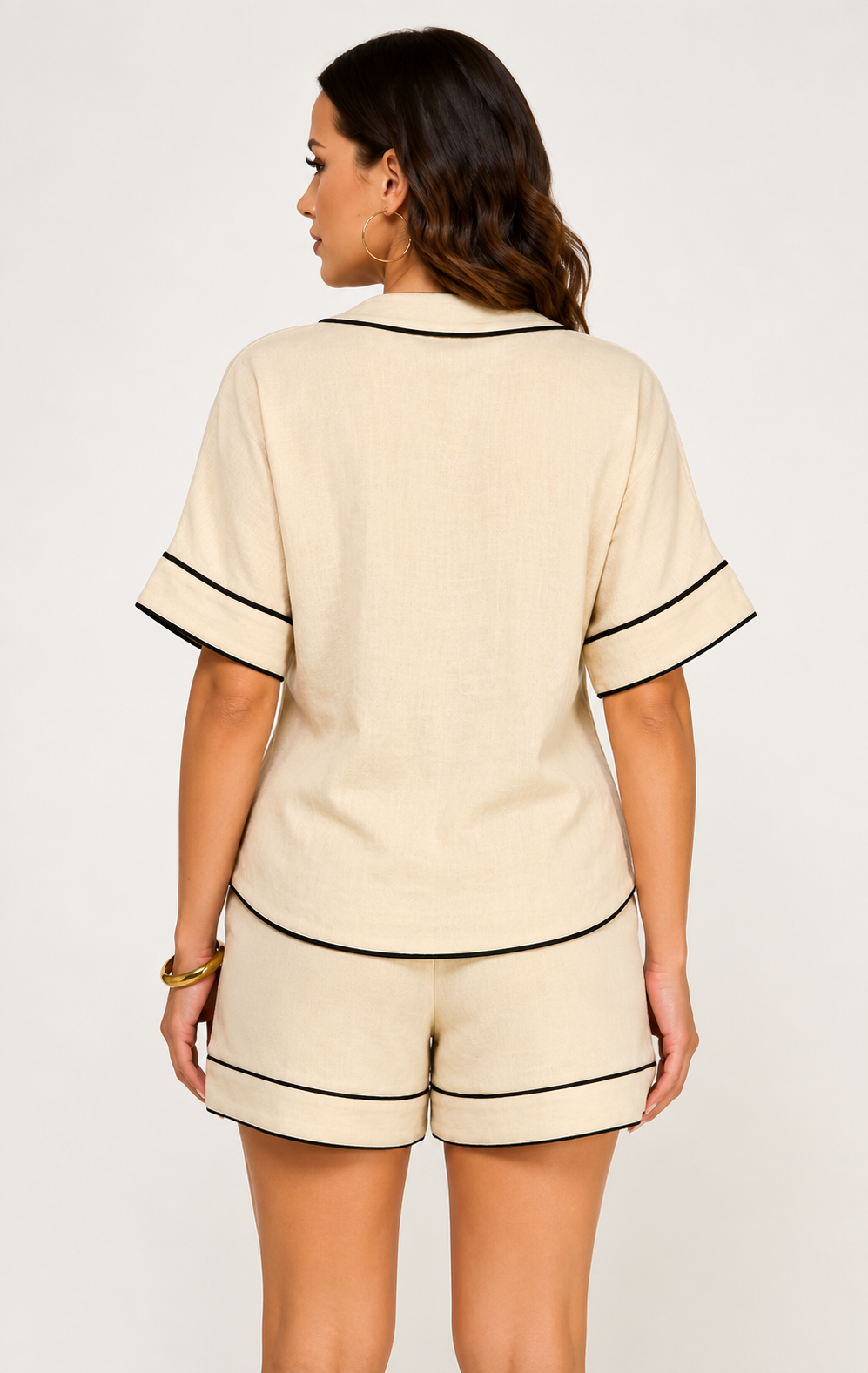 Linen and Black Tie Front Top and Shorts Set