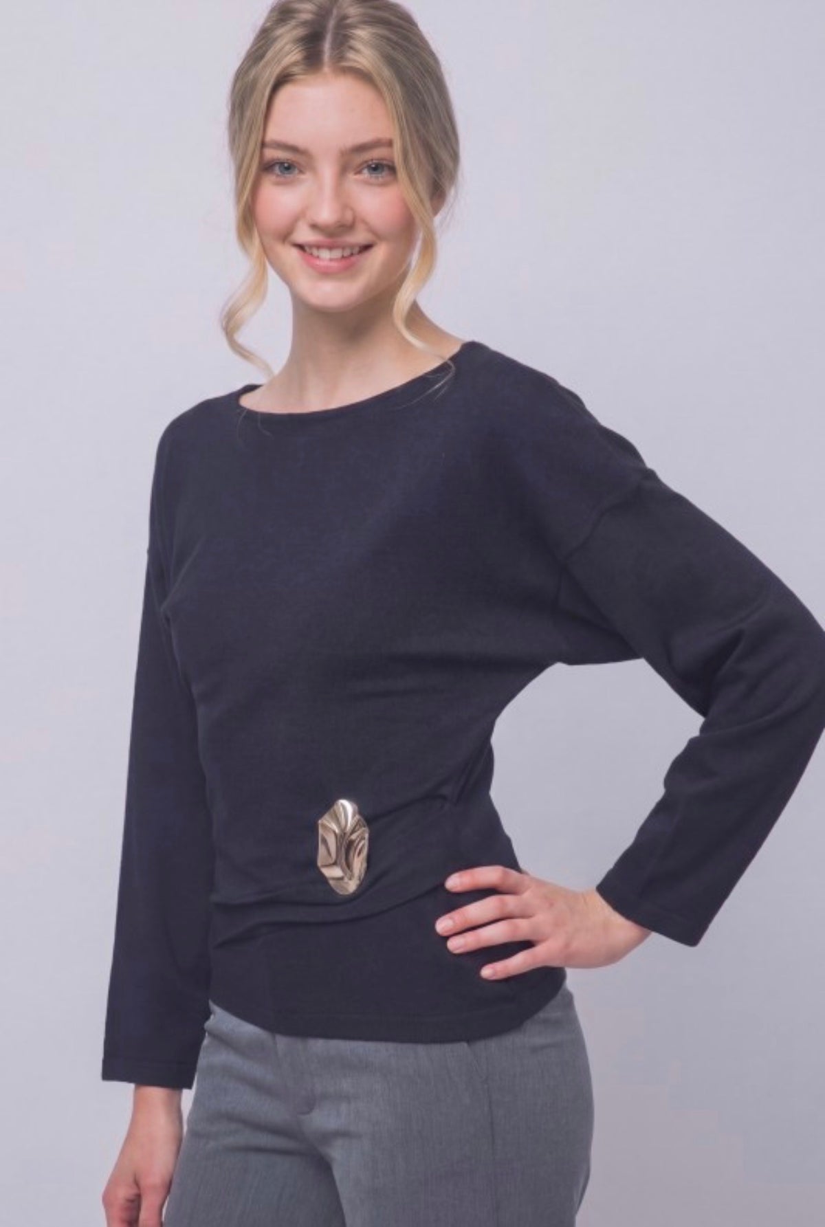 Boat Neck Long Sleeve Ruched with Gold Accent
