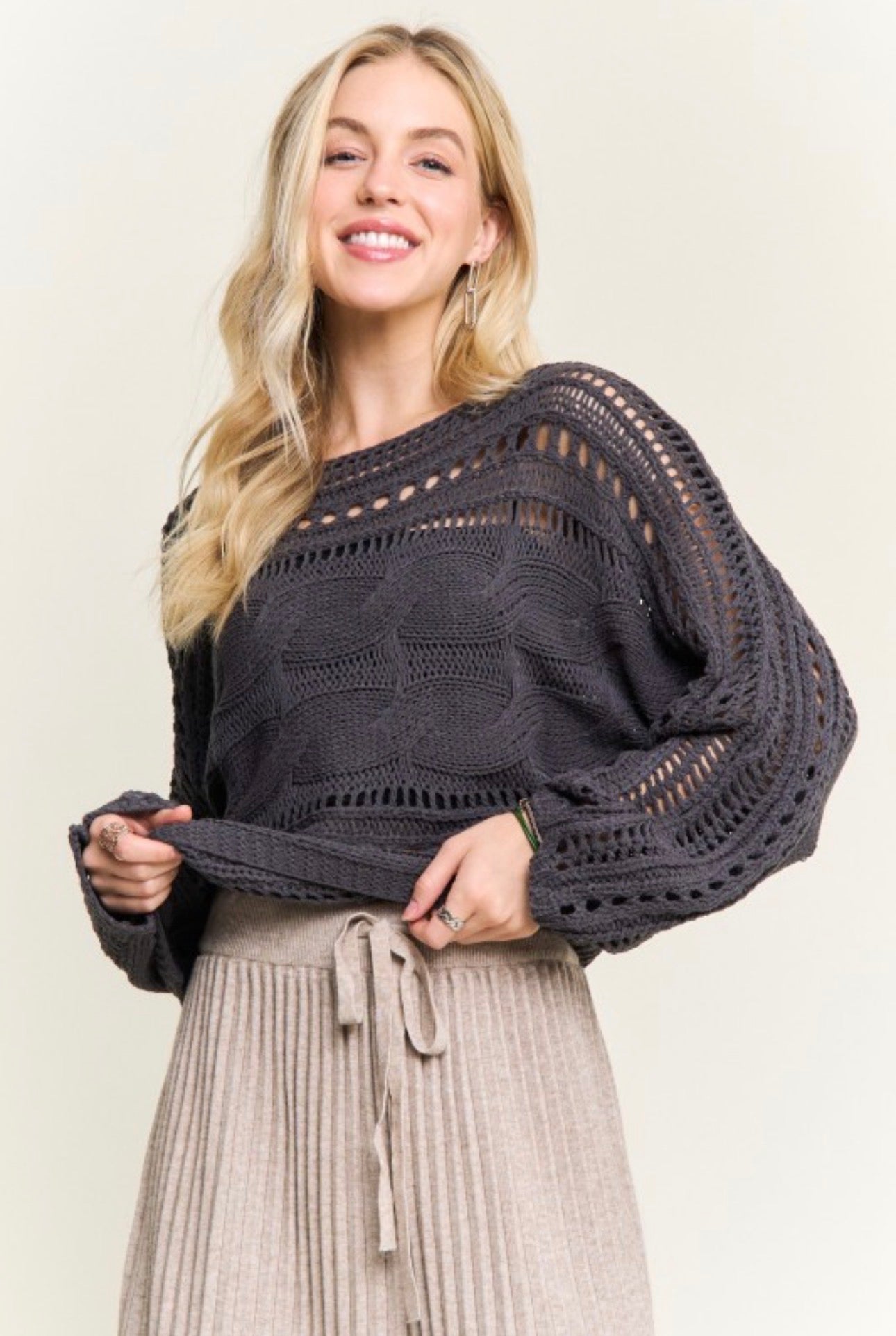 Cable Knit Openwork Long Sleeve Sweater