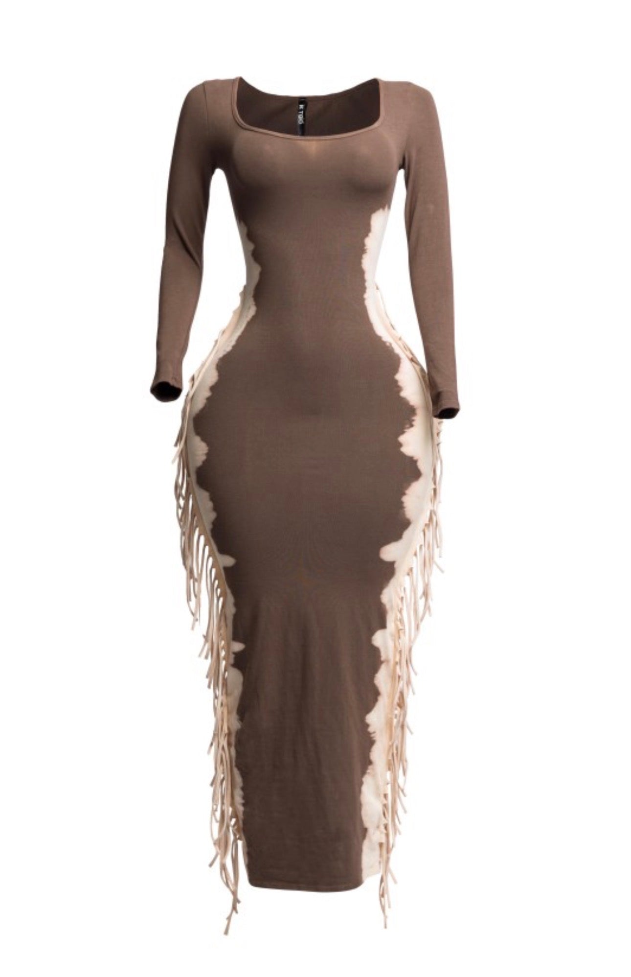 Fringe Bleach Scoop Neck Long Sleeve Maxi Dress