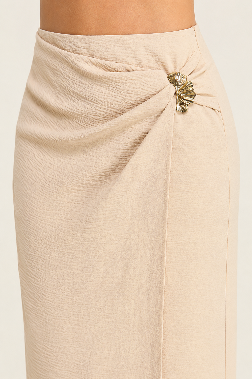 Faux Wrap Midi Skirt with Gold Accent