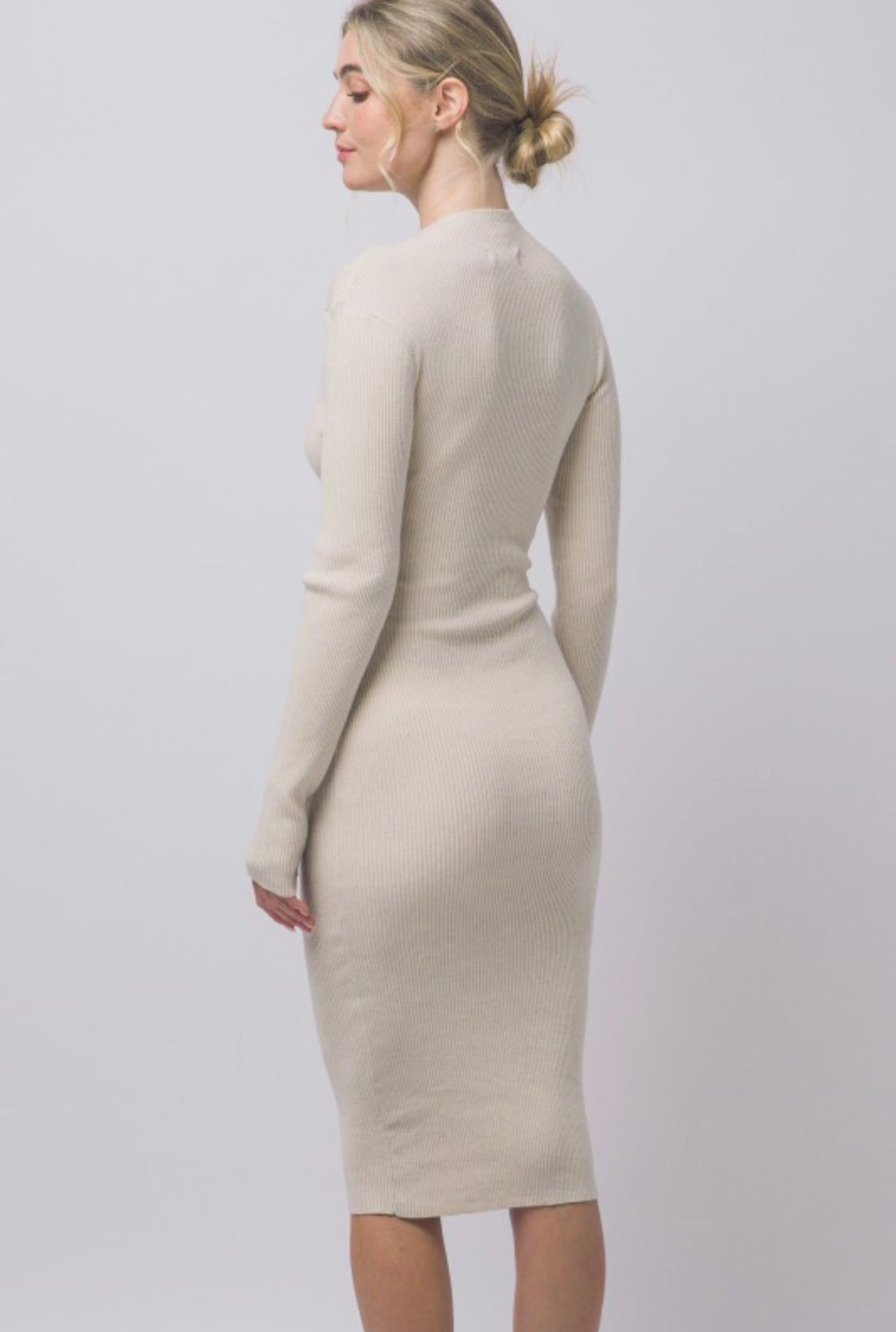 Mock Neck Long Sleeve Sweater Midi Dress with Tie Waist
