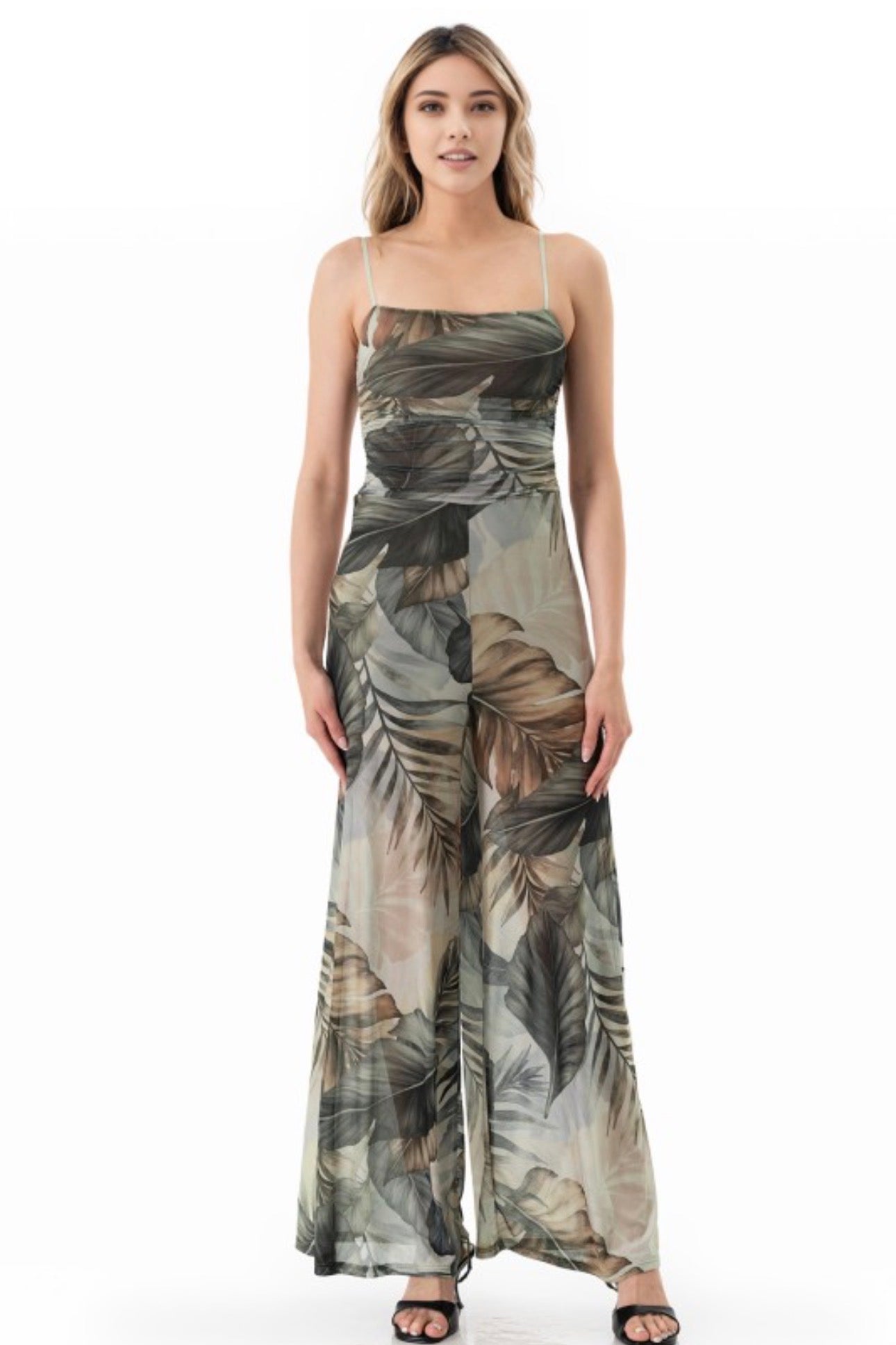 Tropical Floral Mesh Scrunch Waist Jumpsuit