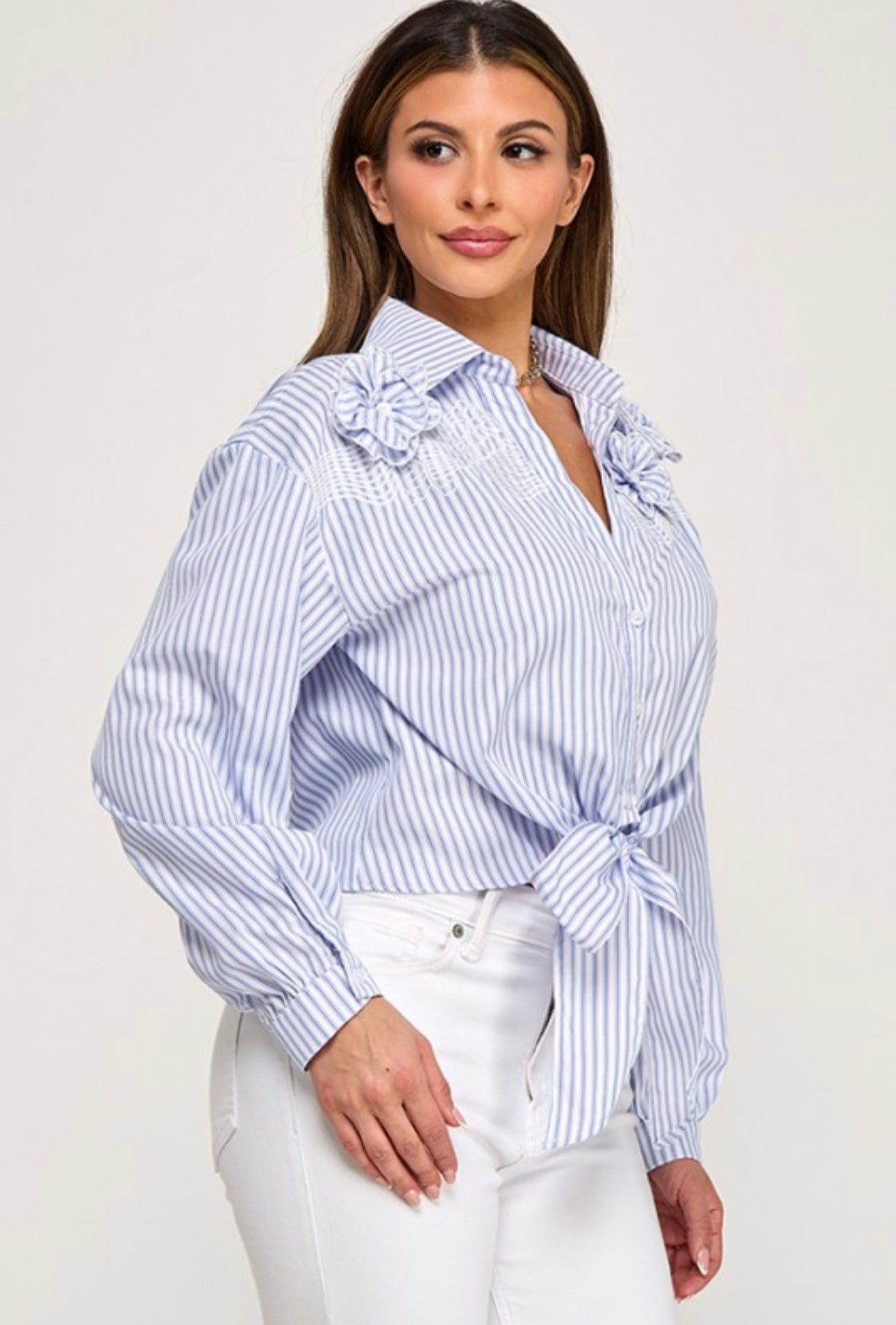 Pinstripe Button Blouse with Florals