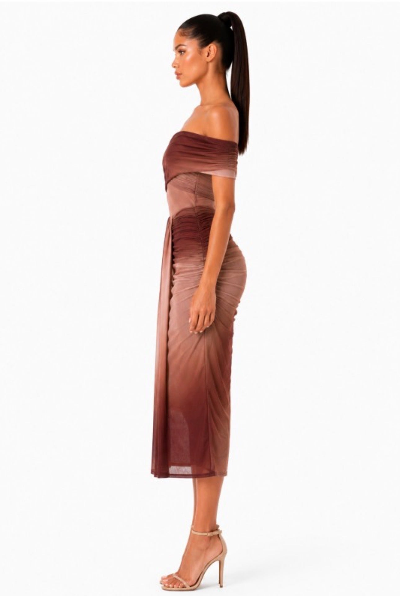 Nude Drape Mesh Maxi Ruche Dress