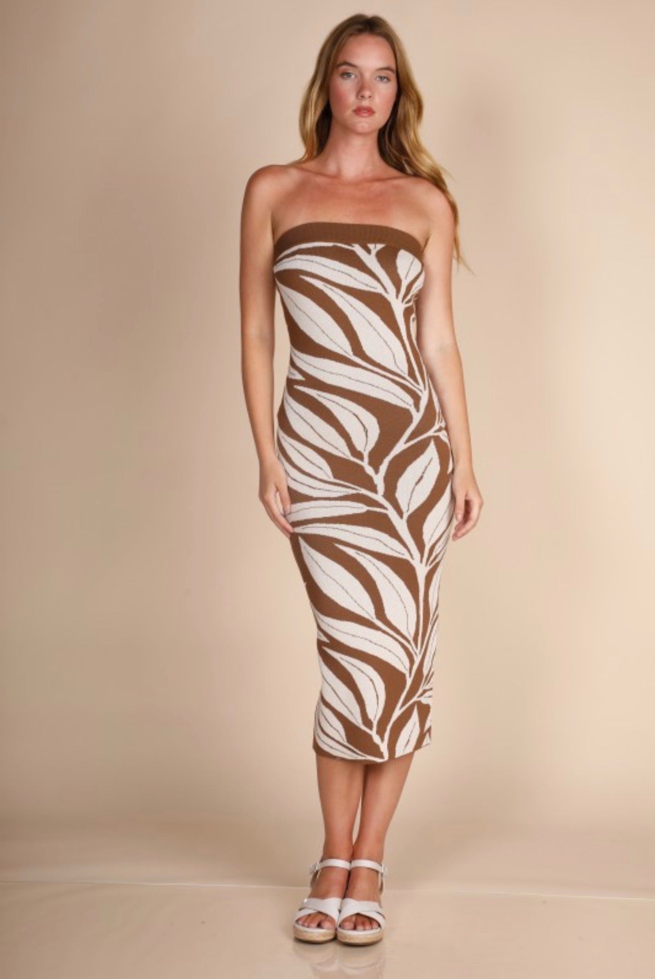 Tropical Knit Strapless Midi Dress