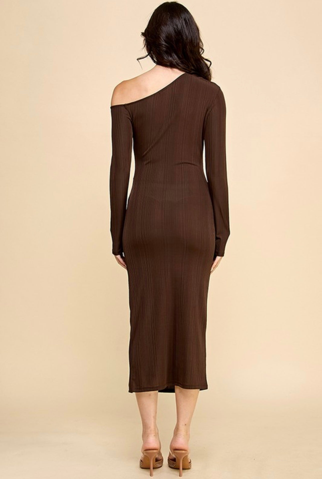 Off-Shoulder Scrunch Slit Dress with Long Sleeves
