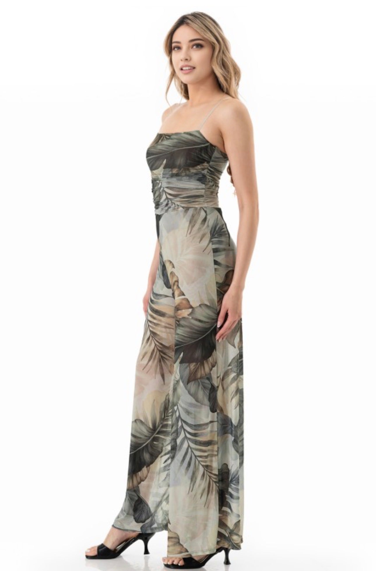 Tropical Floral Mesh Scrunch Waist Jumpsuit