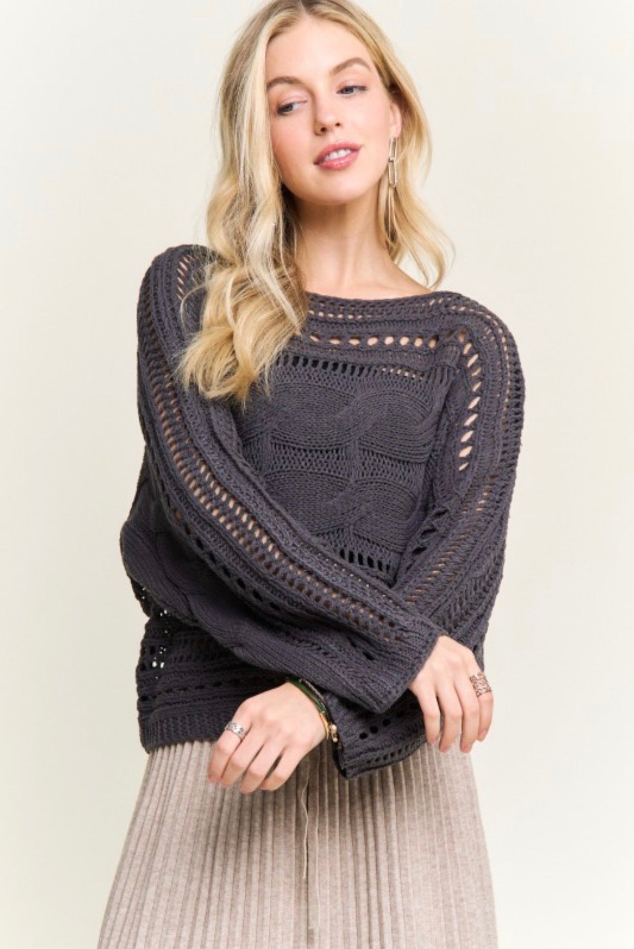 Cable Knit Openwork Long Sleeve Sweater
