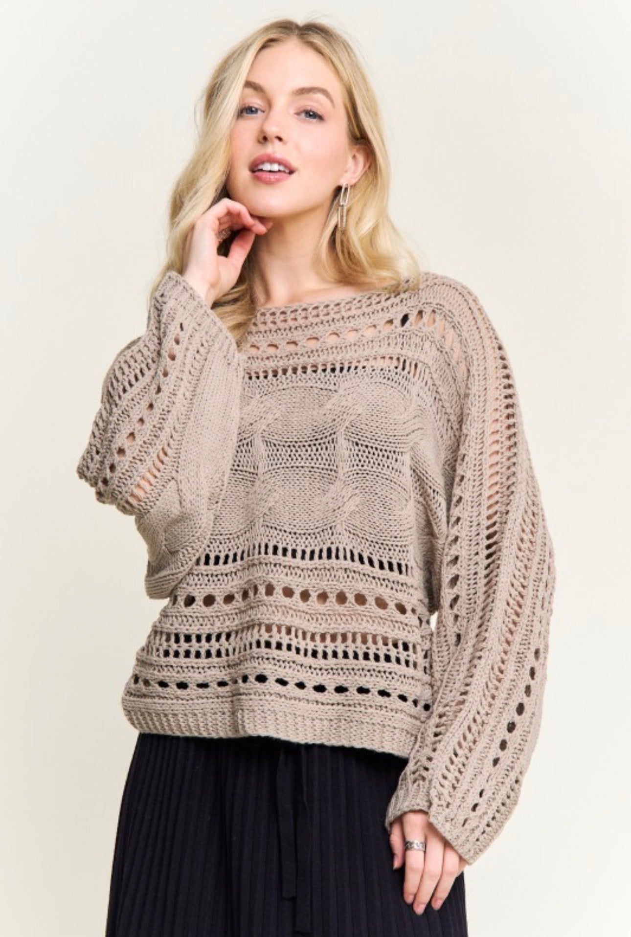 Cable Knit Openwork Long Sleeve Sweater