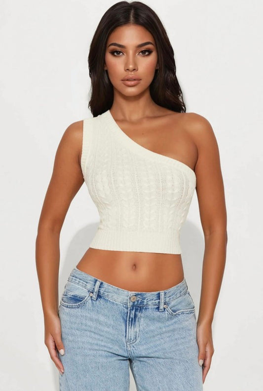 One Shoulder Cable Knit Sweater Top