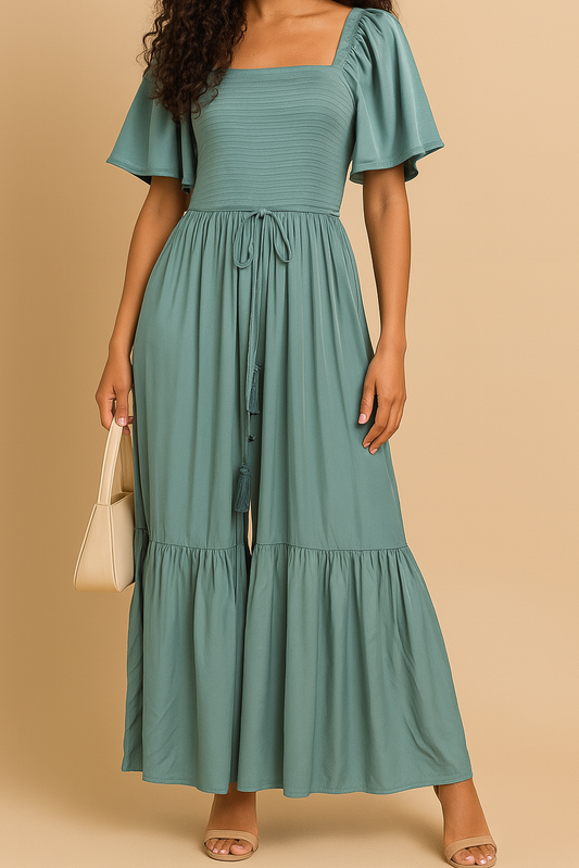 Short Sleeve Bell Bottom Smocked Jumpsuit