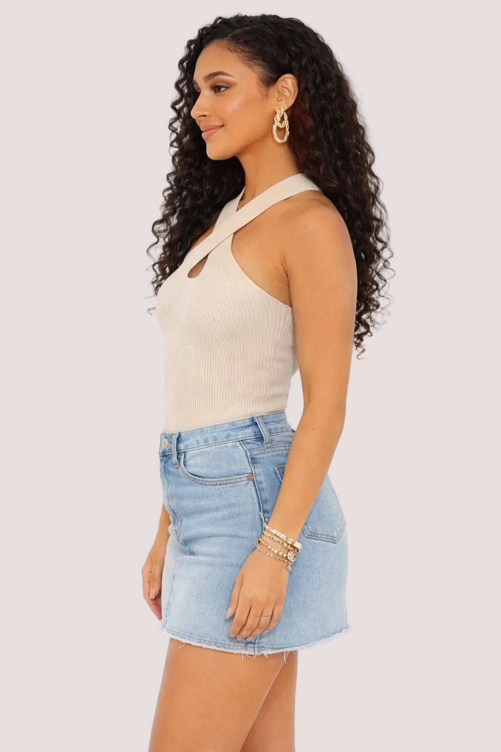 Cream Ribbed Cross Front Halter Top
