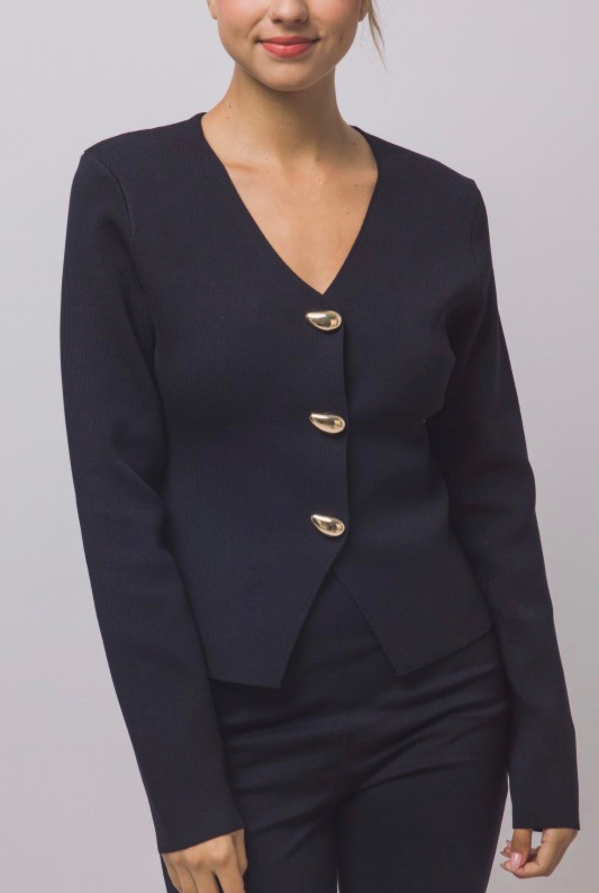Split Front Ribbed Gold Button Front Cardigan