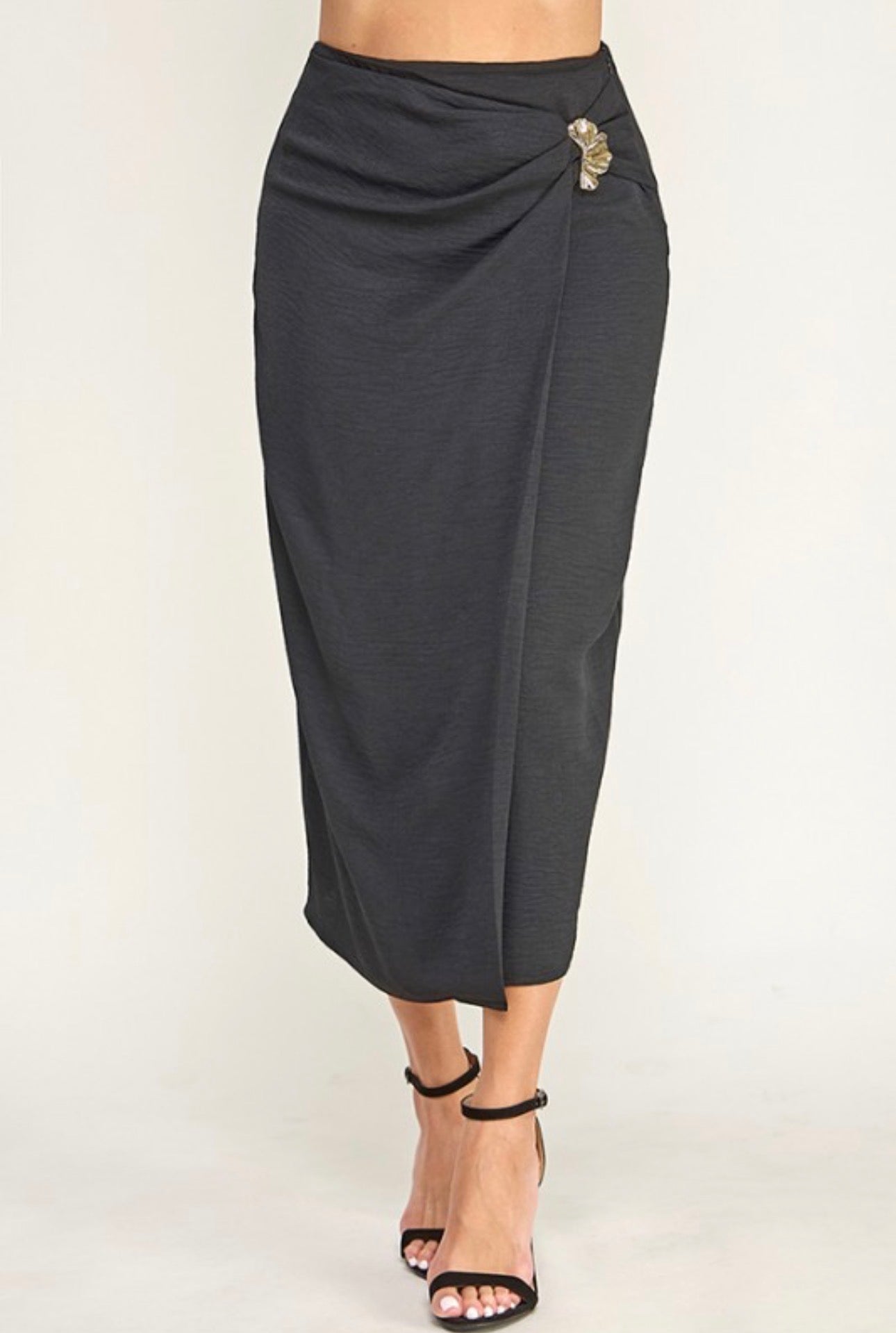 Faux Wrap Midi Skirt with Gold Accent