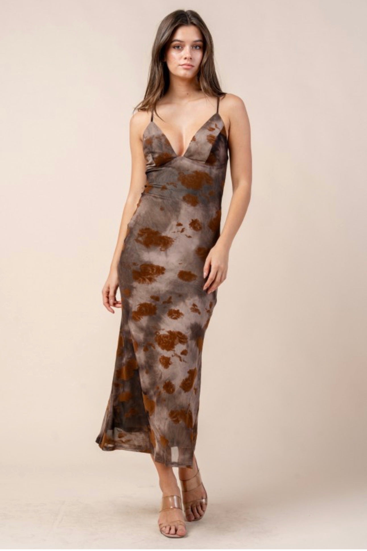 Autumn Abstract V Neck Lace-up Back Maxi Dress