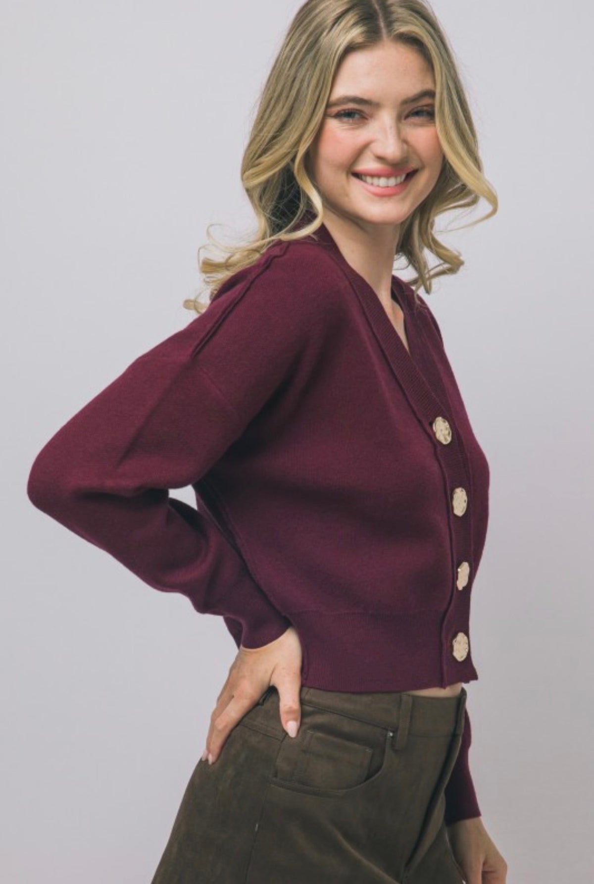 V Neck Cardigan with Gold Abstract Buttons