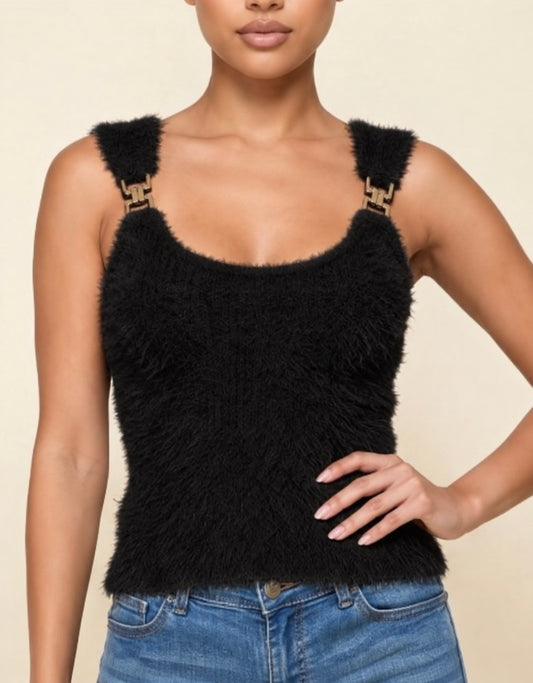 Black Rib Fuzzy Tank with Gold Link Straps