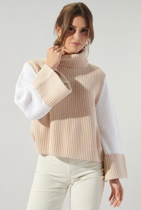 Bell Sleeve Two-Tone Turtle Neck Sweater