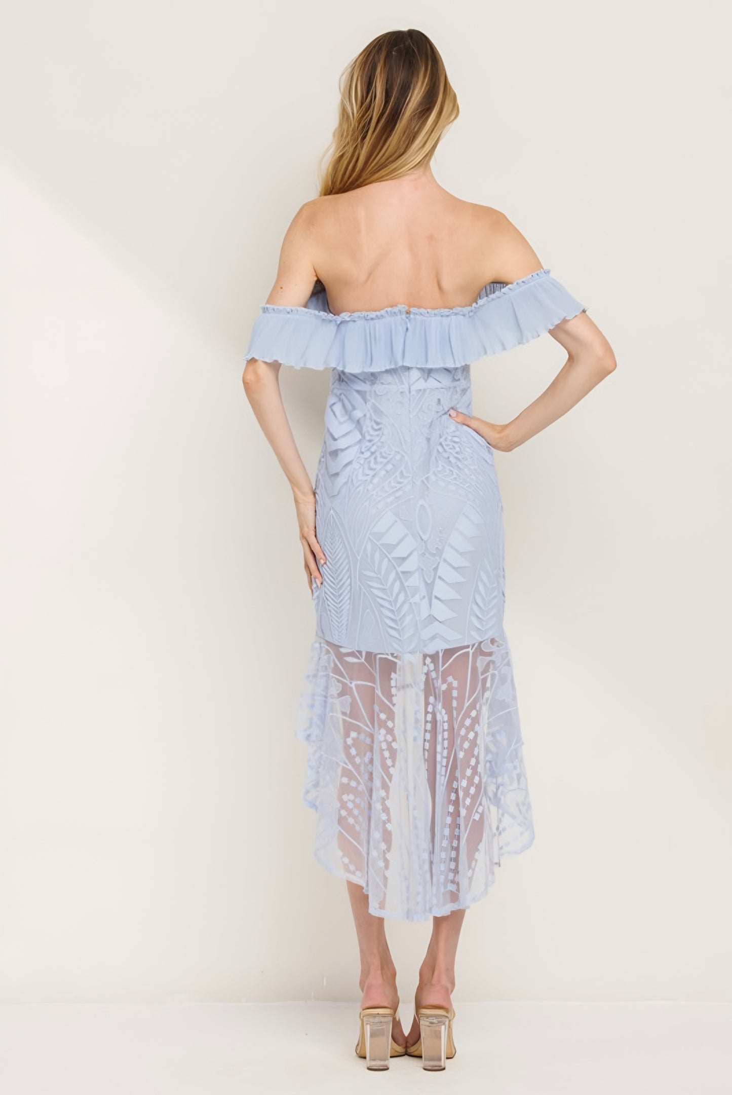 Lace Off-the-Shoulder Ruffled Bodycon Dress