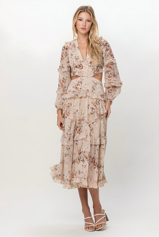Floral Lace Up Open Back Maxi Long Sleeve Dress