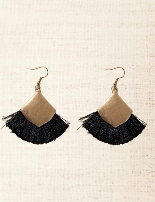 Gold Dangle with Black Tassel Earrings