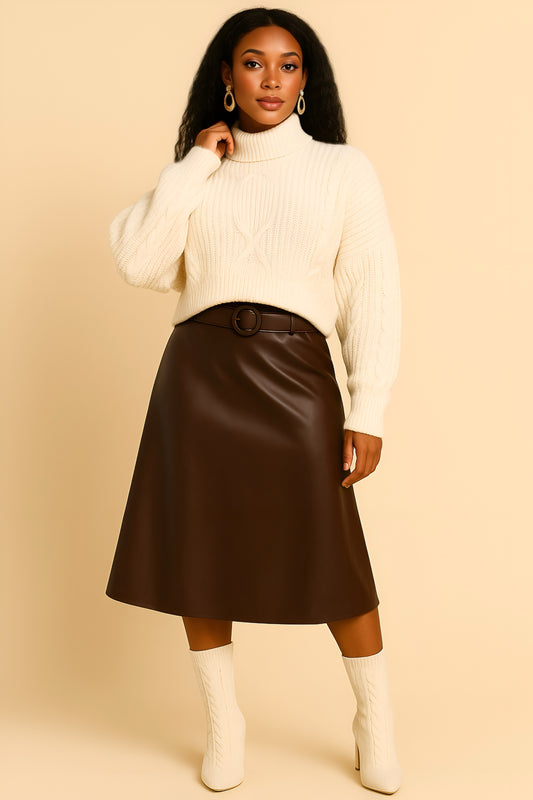 Belted Faux Leather A-line Midi Skirt