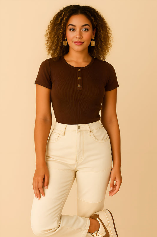 Basic Ribbed Button Short Sleeve Top