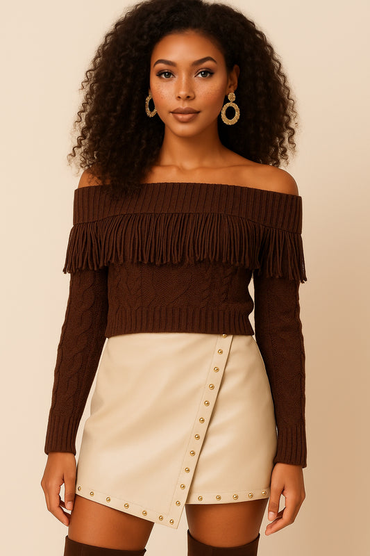 Fringe Off Shoulder Crop Cable Knit Sweater