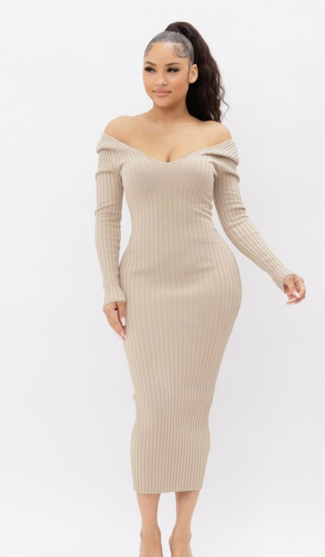 V Ribbed Sweater Maxi Dress