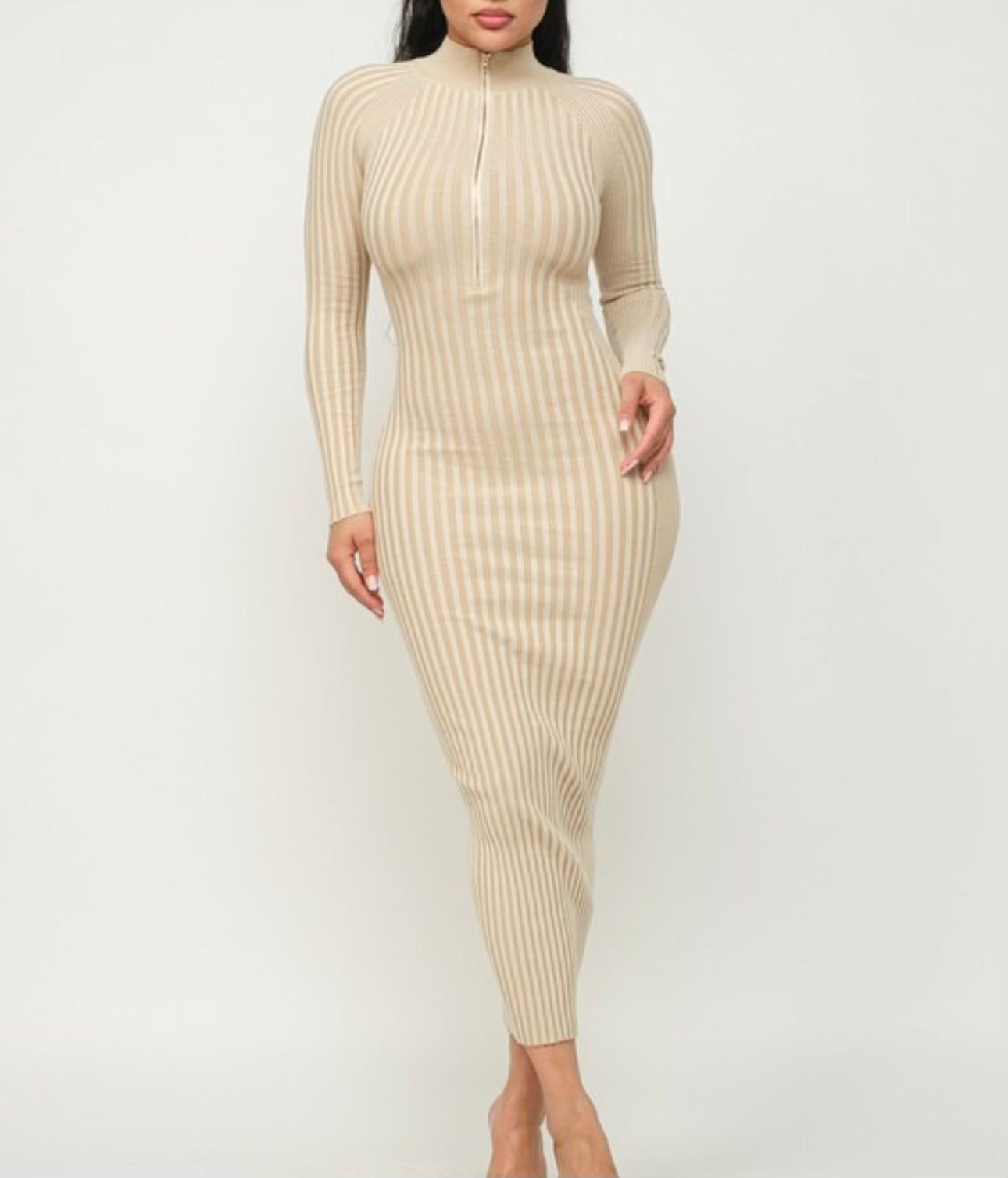 Ribbed Mock Neck Zipper Sweater Dress