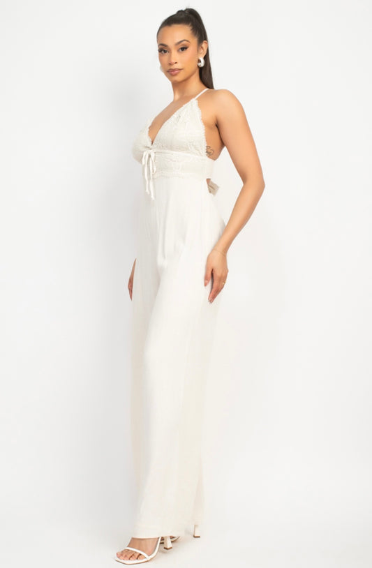 Lace-Trimmed Linen Jumpsuit with V-Neck