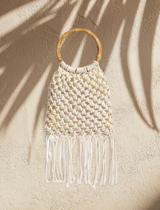 White Bamboo Handle Mini Crochet Fringe Handbag