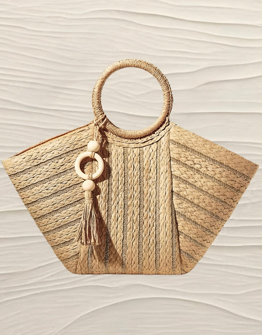 Boho Straw and Gold Tote with Circle Handle
