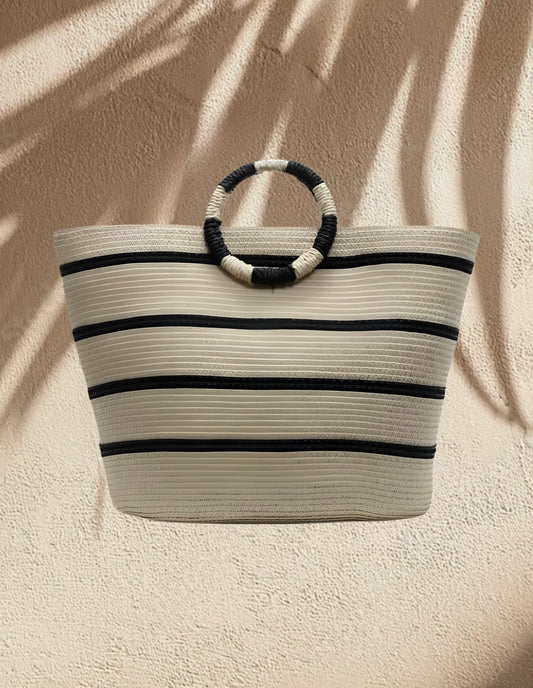Striped Zip Beach Tote with Circle Handles