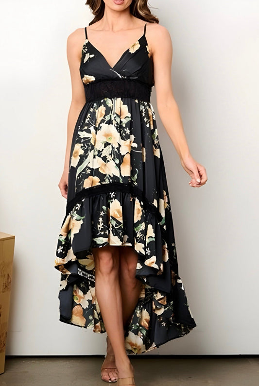 Ruffled High-low Black Floral Dress
