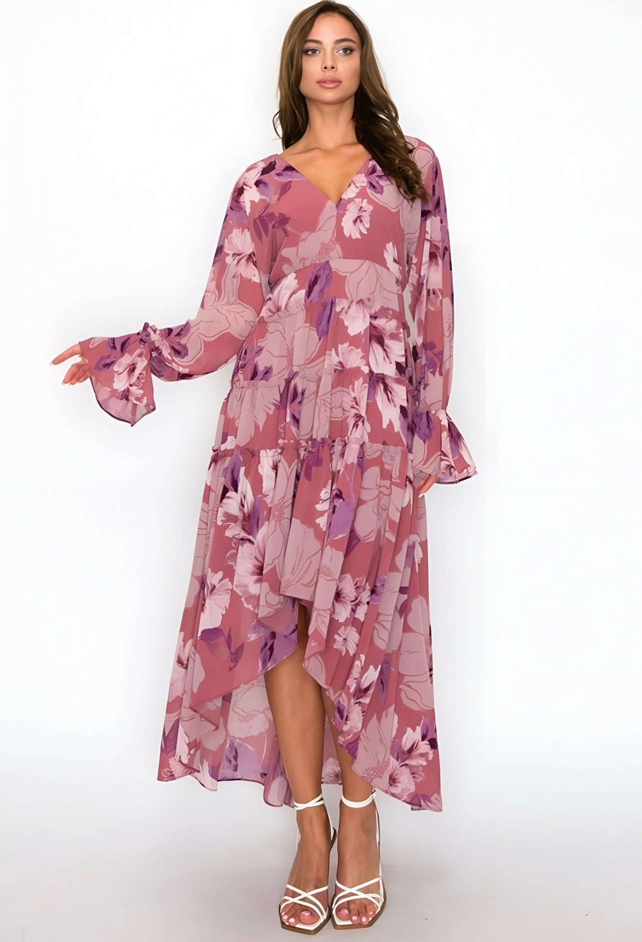 Floral Lace Up Open Back Maxi Long Sleeve Dress