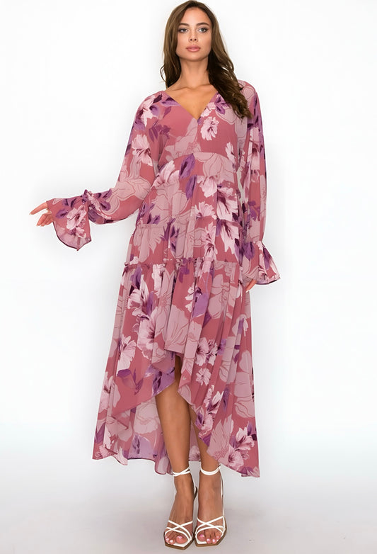 Floral Lace Up Open Back Maxi Long Sleeve Dress