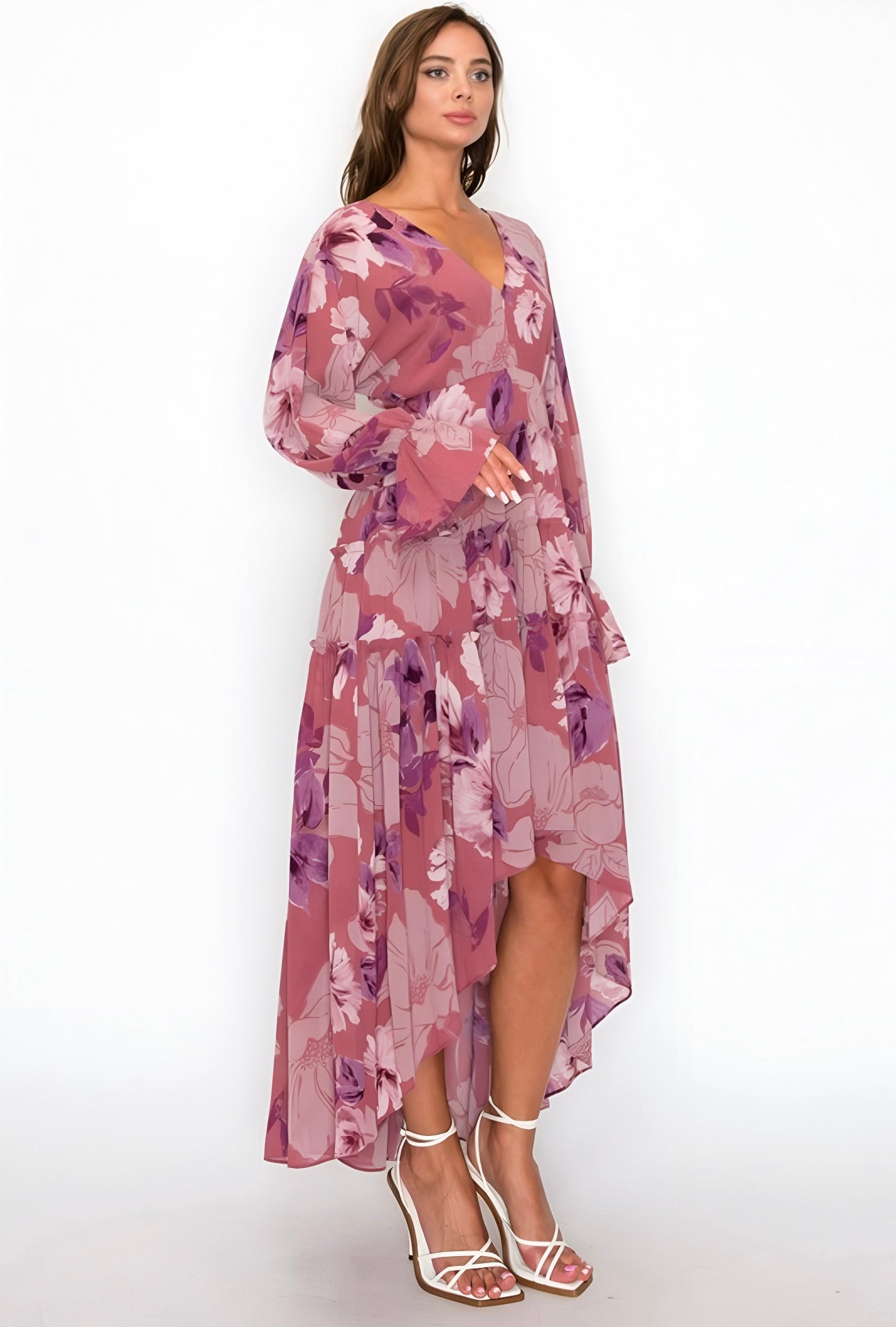 Floral Lace Up Open Back Maxi Long Sleeve Dress