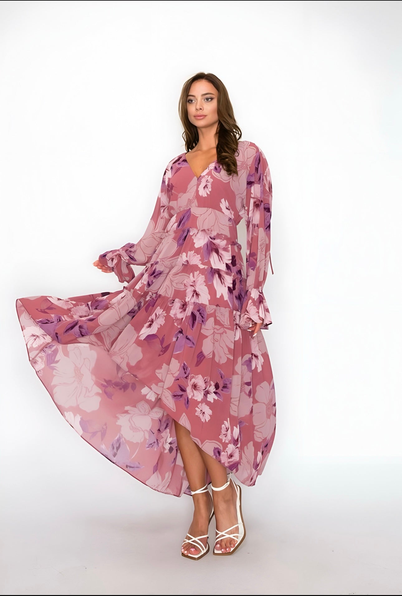 Floral Lace Up Open Back Maxi Long Sleeve Dress