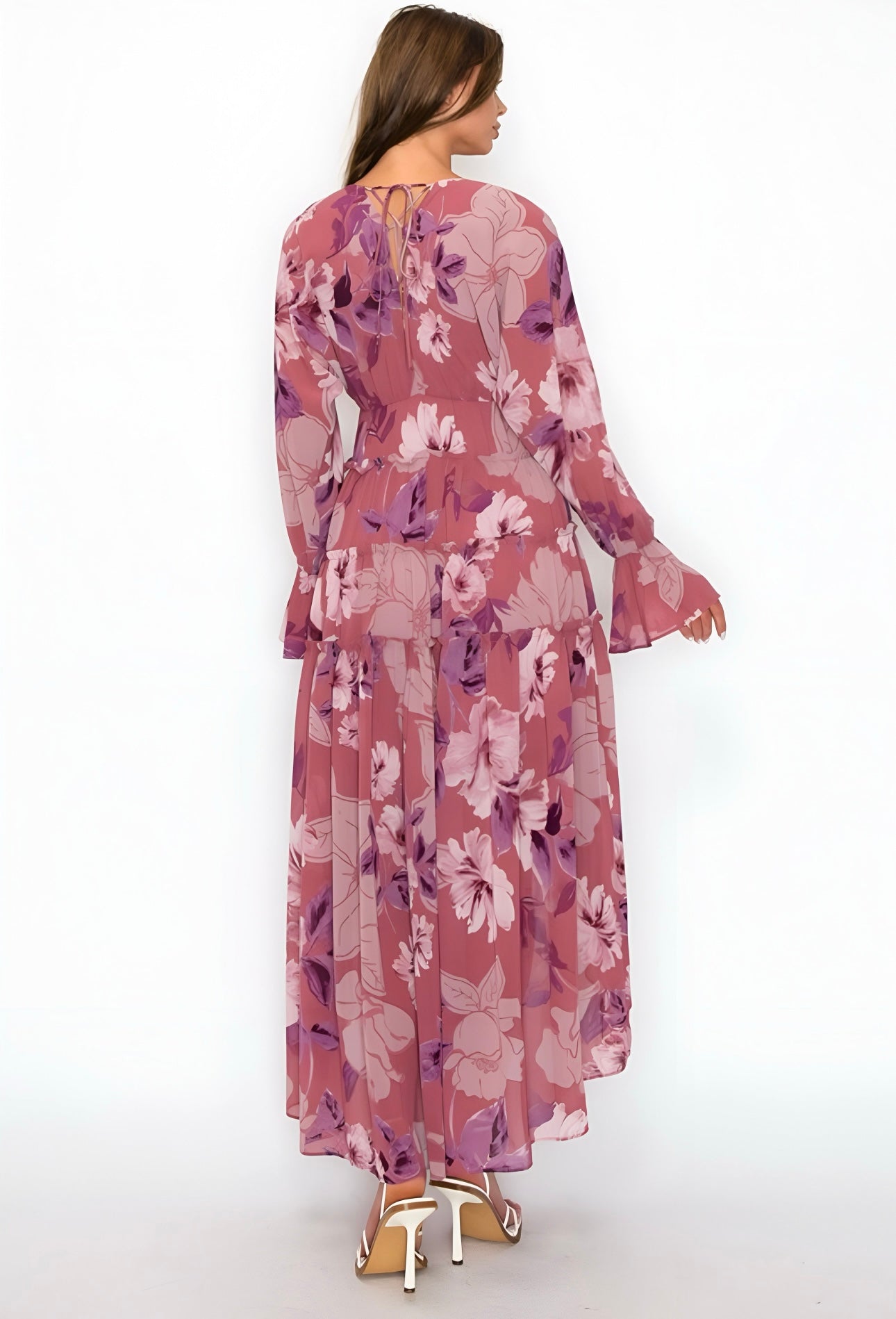 Floral Lace Up Open Back Maxi Long Sleeve Dress