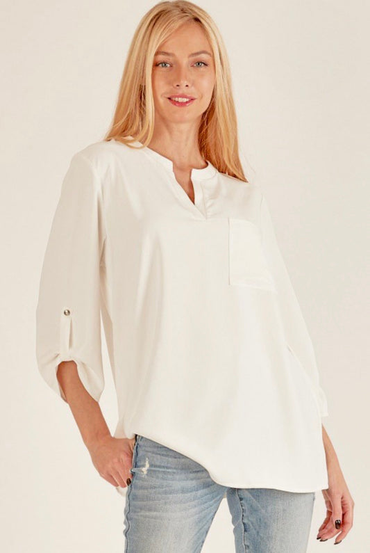 3/4 Sleeve Flowy Pocket Blouse