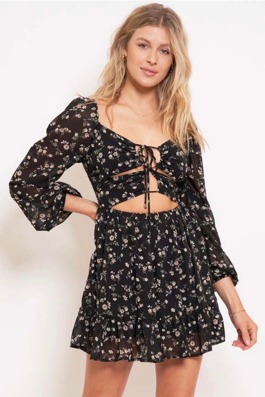 Black Floral Open Tie Front Long-sleeve mini
