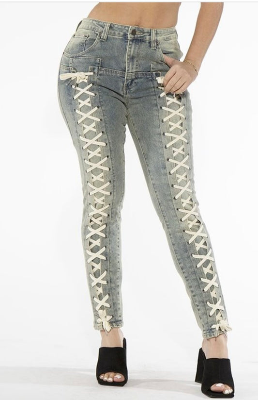 Nude Washed Laced Front Stretch Denim Jeans