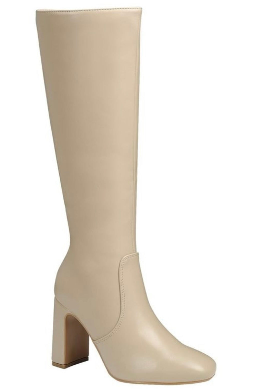 Nude Leather Square Toe Chunky Heal Knee High Boots