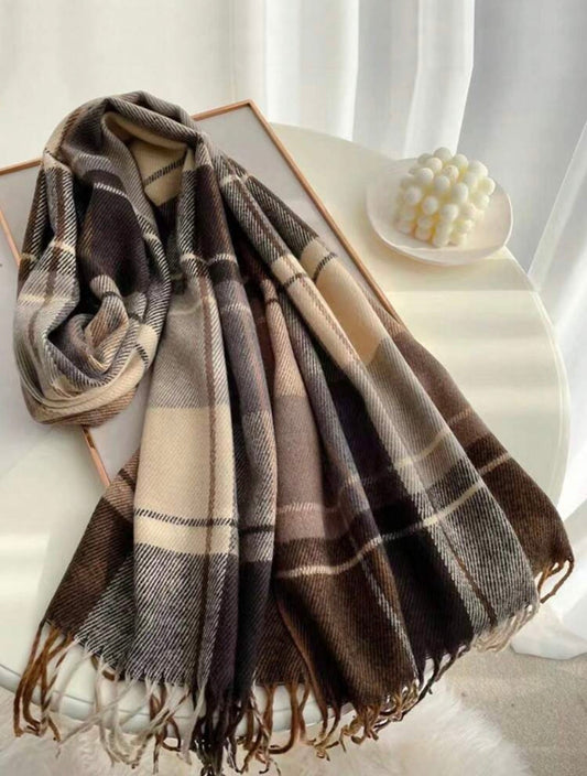 Wide Plaid Scarf with Fringe